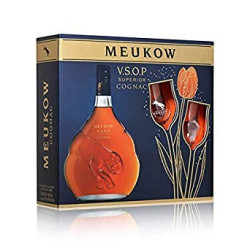 MEUKOW COGNAC VSOP 70 CL 40° , COFFRET 2 VERRES