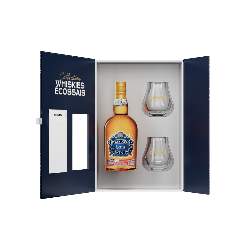 WHISKY CHIVAS REGAL EXTRA 13 ANS AMERICAN RYE 70 CL 40°, COFFRET 2 VERRES