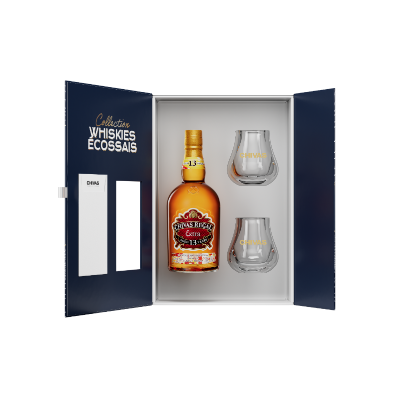 WHISKY CHIVAS REGAL EXTRA 13 ANS OLOROSSO 70 CL 40°, COFFRET 2 VERRES