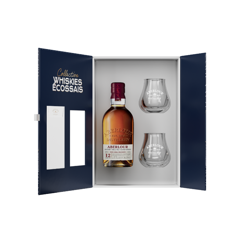 WHISKY ABERLOUR 12 ANS NON CHILL FILTERED 70 CL 48°, AVEC COFFRET 2 VERRES