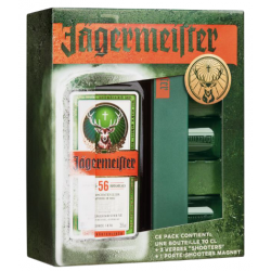 COFFRET JAGERMEISTER 70cl 35° AVEC 3 VERRES SHOOTERS ET PORTE SHOOTERS 3 TROUS