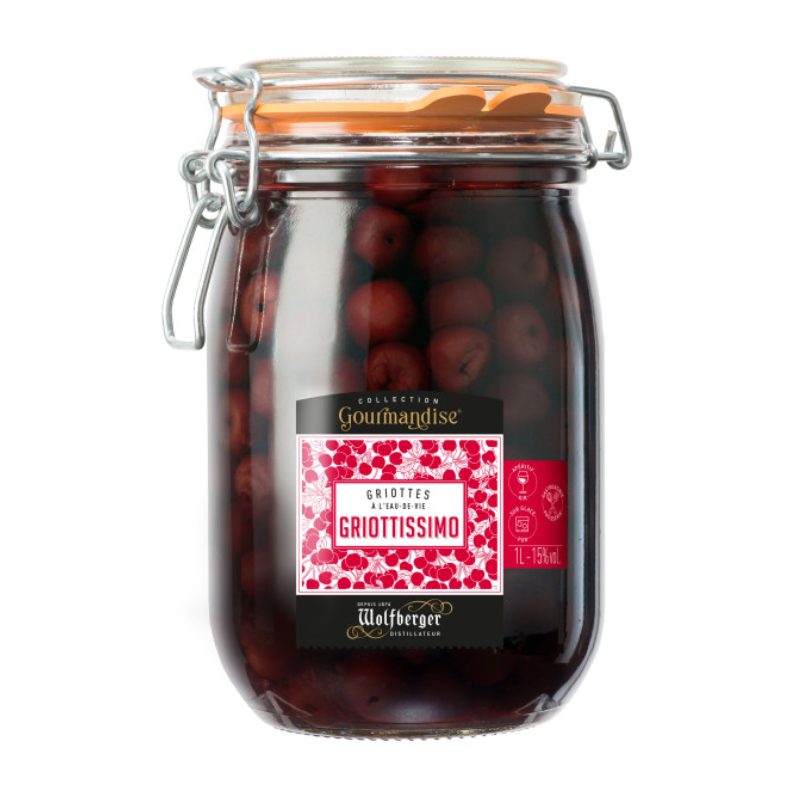 GRIOTTISSIMO 1 Litre 15° WOLFBERGER, GRIOTTES DÉNOYAUTEES AU KIRSCH D'ALSACE, Conditionné en pot "Le Parfait" GRIOTTISSIMO 1 Litre 15° WOLFBERGER, GRIOTTES DÉNOYAUTEES AU KIRSCH D'ALSACE, Conditionné en pot "Le Parfait"