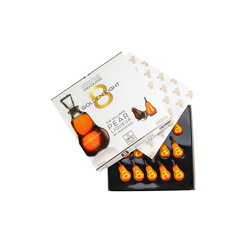 CHOCOLAT NOIR FOURÉE A LA LIQUEUR DE POIRE GOLDEN EIGHT, Boite 150 grammes, 15 Pièces