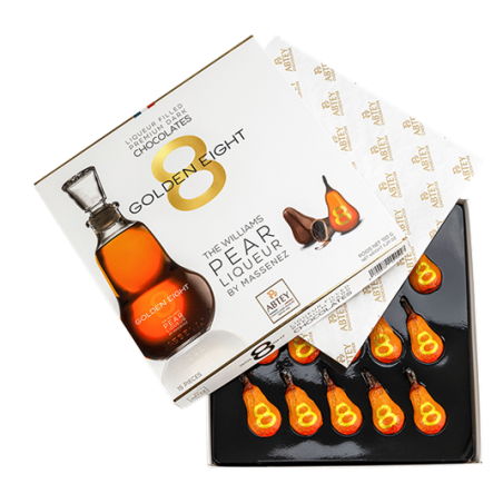 CHOCOLAT NOIR FOURÉE A LA LIQUEUR DE POIRE GOLDEN EIGHT, Boite 150 grammes, 15 Pièces