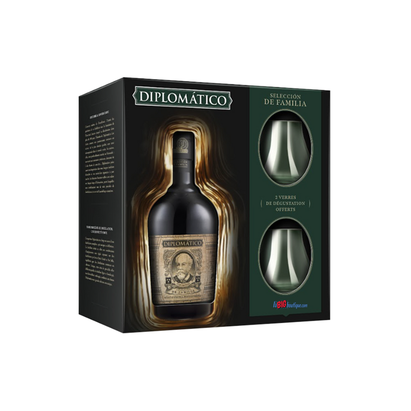 RHUM BRUN DIPLOMATICO SELECCION DE FAMILIA Vénézuela 70cl 43°, Coffret avec 2 verres