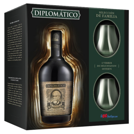 RHUM BRUN DIPLOMATICO SELECCION DE FAMILIA Vénézuela 70cl 43°, Coffret avec 2 verres