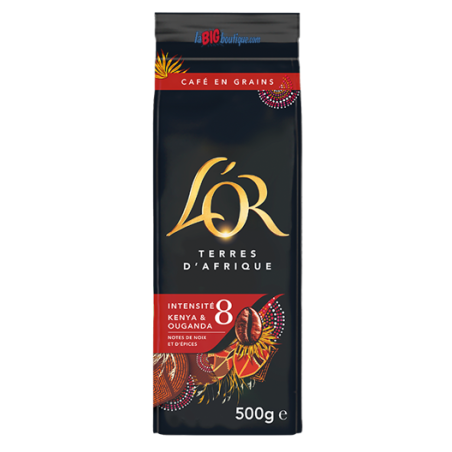 CAFE GRAIN L'OR TERRES D'AFRIQUE 500grs, 100% ARABICA, INTENSITÉ N°8