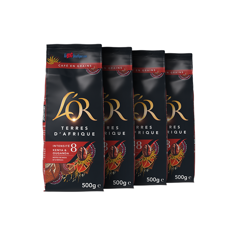 CAFE GRAIN L'OR TERRES D'AFRIQUE 4 X 500grs, 100% ARABICA, INTENSITÉ N°8