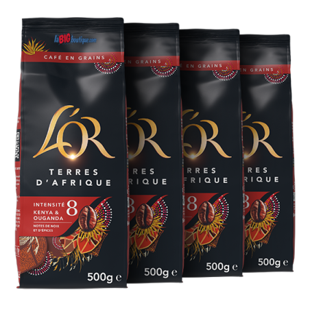 CAFE GRAIN L'OR TERRES D'AFRIQUE 4 X 500grs, 100% ARABICA, INTENSITÉ N°8