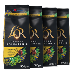 CAFE GRAIN L'OR TERRES D'AMAZONIE 4 X 500grs, 100% ARABICA, INTENSITÉ N°6