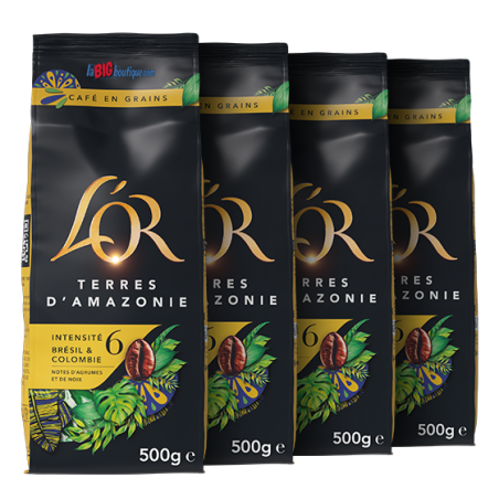 CAFE GRAIN L'OR TERRES D'AMAZONIE 4 X 500grs, 100% ARABICA, INTENSITÉ N°6