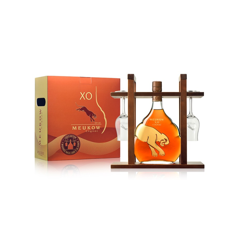 COGNAC MEUKOW XO 70cl 40°, RACK BOIS 2 VERRES ET ETUI