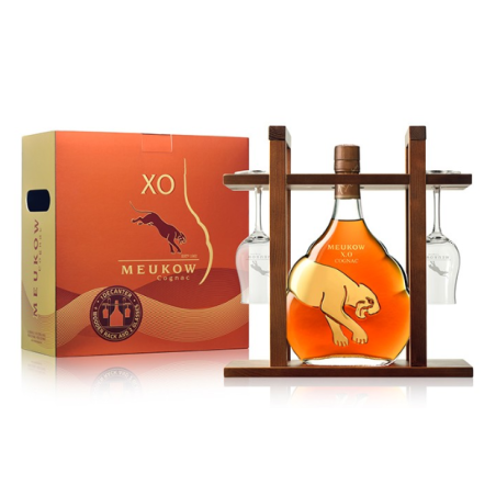 COGNAC MEUKOW XO 70cl 40°, RACK BOIS 2 VERRES ET ETUI
