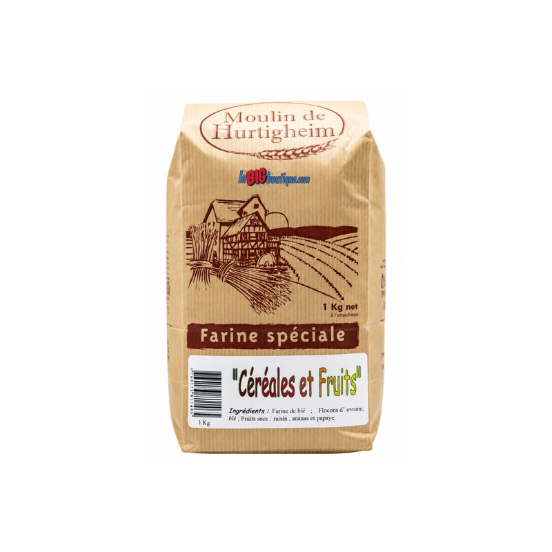 FARINES DE BLÉ A PATISSERIE "CÉRÉALES ET FRUITS", SACHET 1Kg, du MOULIN DE HURTIGHEIM D'ALSACE