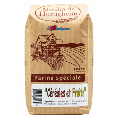 FARINES DE BLÉ A PATISSERIE "CÉRÉALES ET FRUITS", SACHET 1Kg, du MOULIN DE HURTIGHEIM D'ALSACE