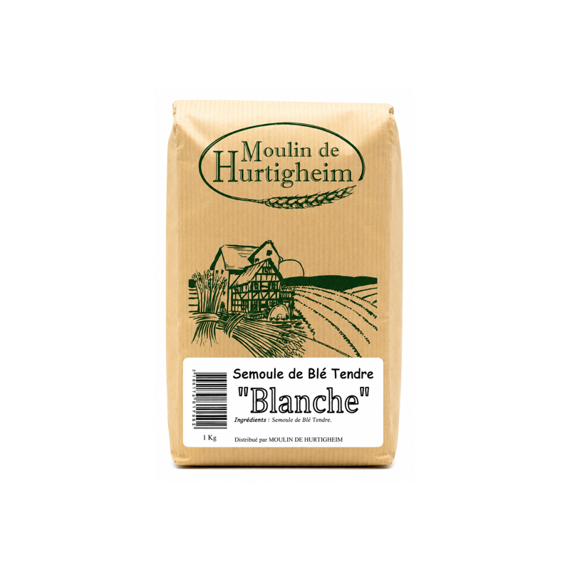 SEMOULE DE BLÉ TENDRE "BLANCHE", SACHET 1Kg, du MOULIN DE HURTIGHEIM D'ALSACE