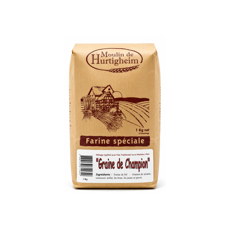 FARINES MULTIGRAINES POUR PAINS GRAINE DE CHAMPION, SACHET 1Kg, du MOULIN DE HURTIGHEIM D'ALSACE