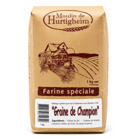FARINES MULTIGRAINES POUR PAINS GRAINE DE CHAMPION, SACHET 1Kg, du MOULIN DE HURTIGHEIM D'ALSACE