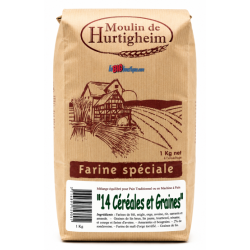 FARINES MULTIGRAINES POUR PAINS 14 CÉRÉALES ET GRAINES, SACHET 1Kg, du MOULIN DE HURTIGHEIM D'ALSACE