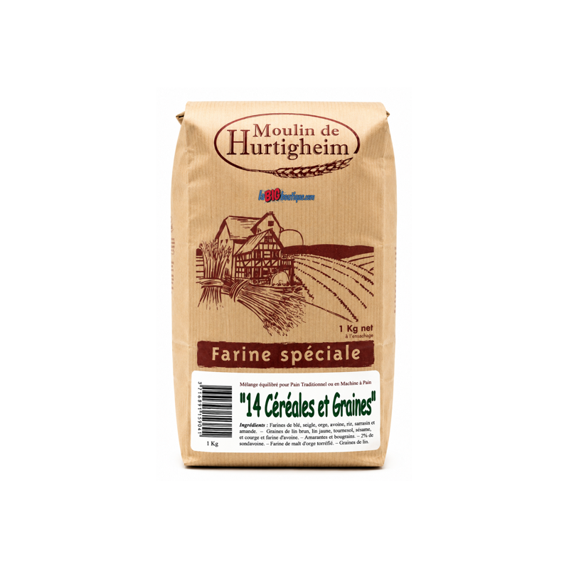 FARINES MULTIGRAINES POUR PAINS 14 CÉRÉALES ET GRAINES, SACHET 1Kg, du MOULIN DE HURTIGHEIM D'ALSACE