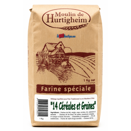 FARINES MULTIGRAINES POUR PAINS 14 CÉRÉALES ET GRAINES, SACHET 1Kg, du MOULIN DE HURTIGHEIM D'ALSACE