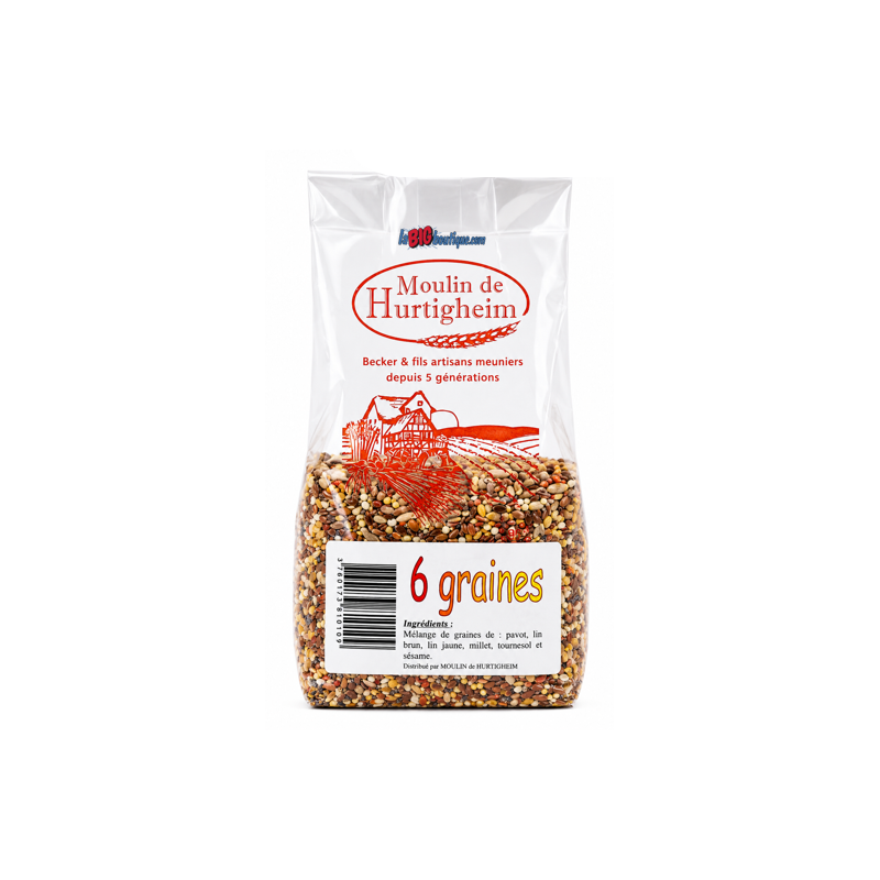 ASSORTIMENT DE 6 SORTES DE GRAINES POUR PAINS, CAKES, SALADES.., SACHET 250grs, du MOULIN DE HURTIGHEIM D'ALSACE