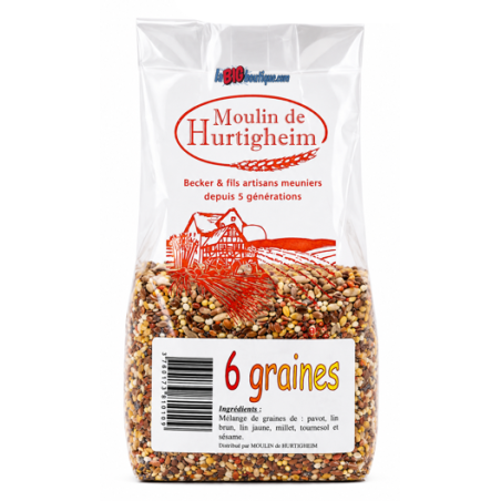 ASSORTIMENT DE 6 SORTES DE GRAINES POUR PAINS, CAKES, SALADES.., SACHET 250grs, du MOULIN DE HURTIGHEIM D'ALSACE