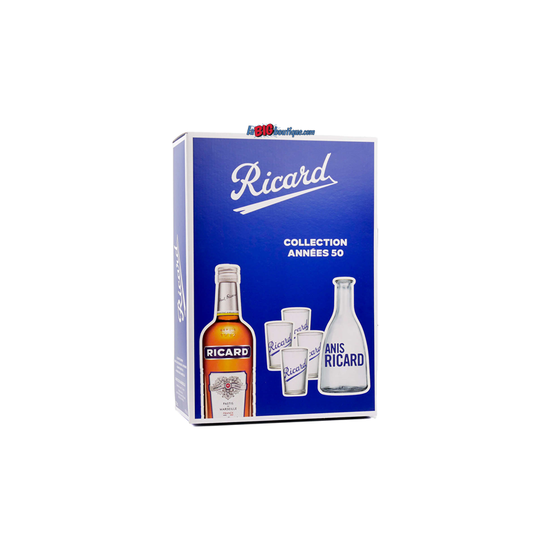 COFFRET RICARD TOMATE ANNEES 50, 1 Litre de Grenadine, 4 verres et une carafe