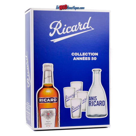 COFFRET RICARD TOMATE ANNEES 50, 1 Litre de Grenadine, 4 verres et une carafe
