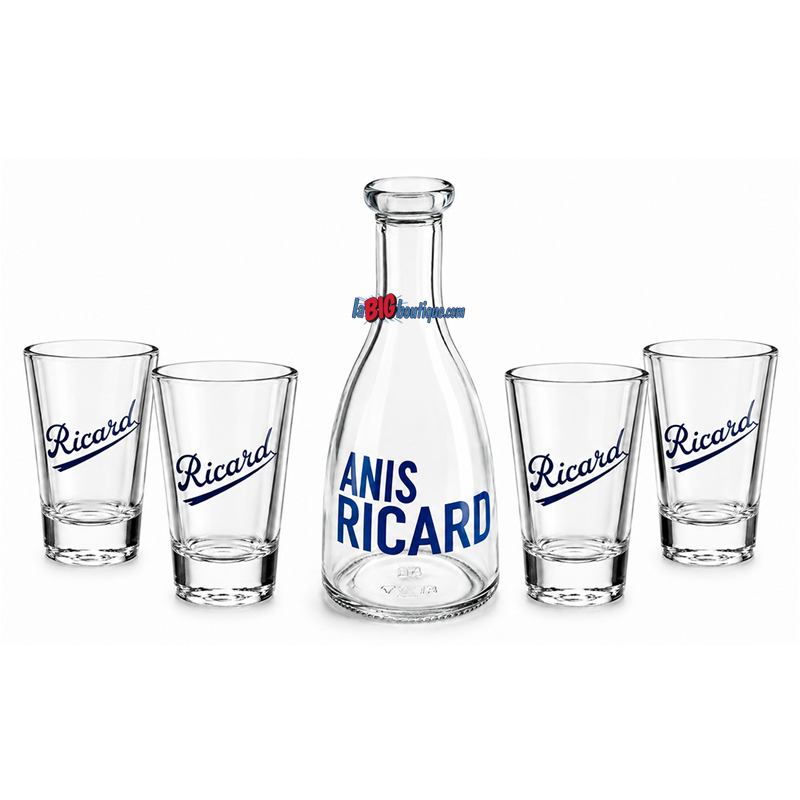 4 VERRES RICARD 10cl AVEC CARAFE 50cl, COLLECTION "ANNÉE 50"
