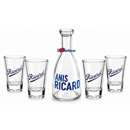 4 VERRES RICARD 10cl AVEC CARAFE 50cl, COLLECTION "ANNÉE 50"