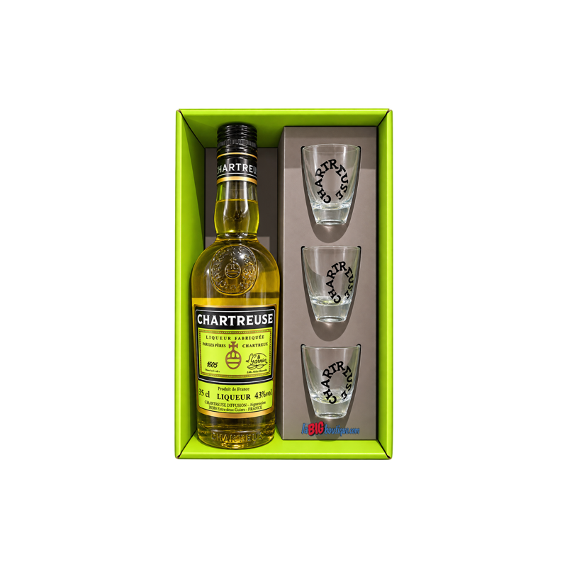 CHARTREUSE JAUNE 35cl 43°, COFFRET AVEC 3 SCHOOTERS SERIGRAPHIÉS