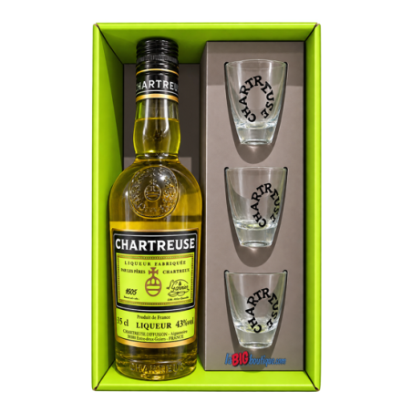 CHARTREUSE JAUNE 35cl 43°, COFFRET AVEC 3 SCHOOTERS SERIGRAPHIÉS