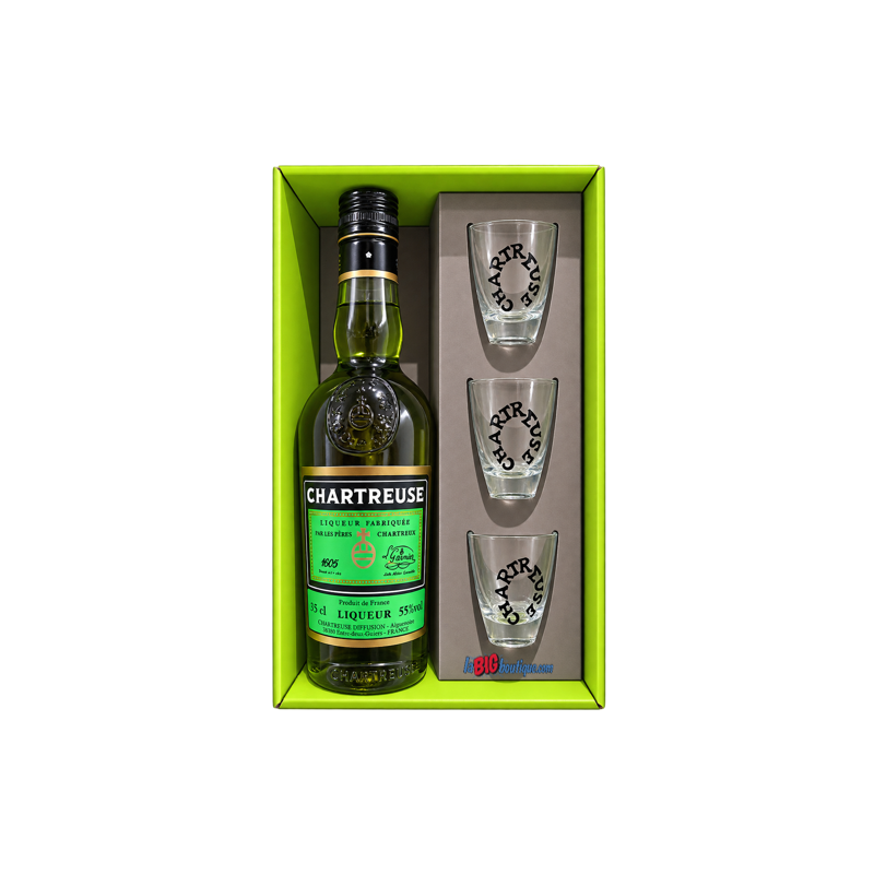 CHARTREUSE VERTE 35cl 55°, COFFRET AVEC 3 SHOOTERS SERIGRAPHIÉS