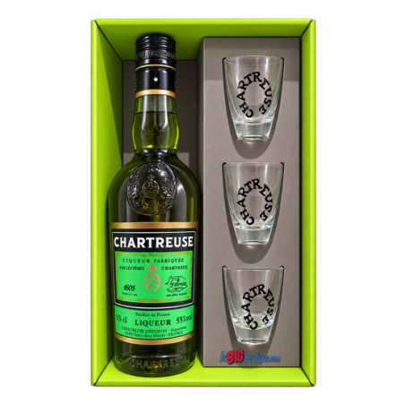 CHARTREUSE VERTE 35cl 55°, COFFRET AVEC 3 SHOOTERS SERIGRAPHIÉS