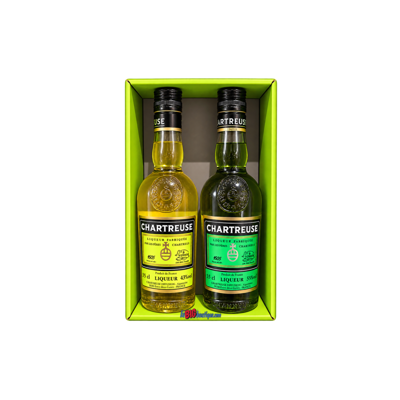 COFFRET CHARTREUSE TRADITIONNELLE DEUX BOUTEILLES 35cl, JAUNE & VERTE