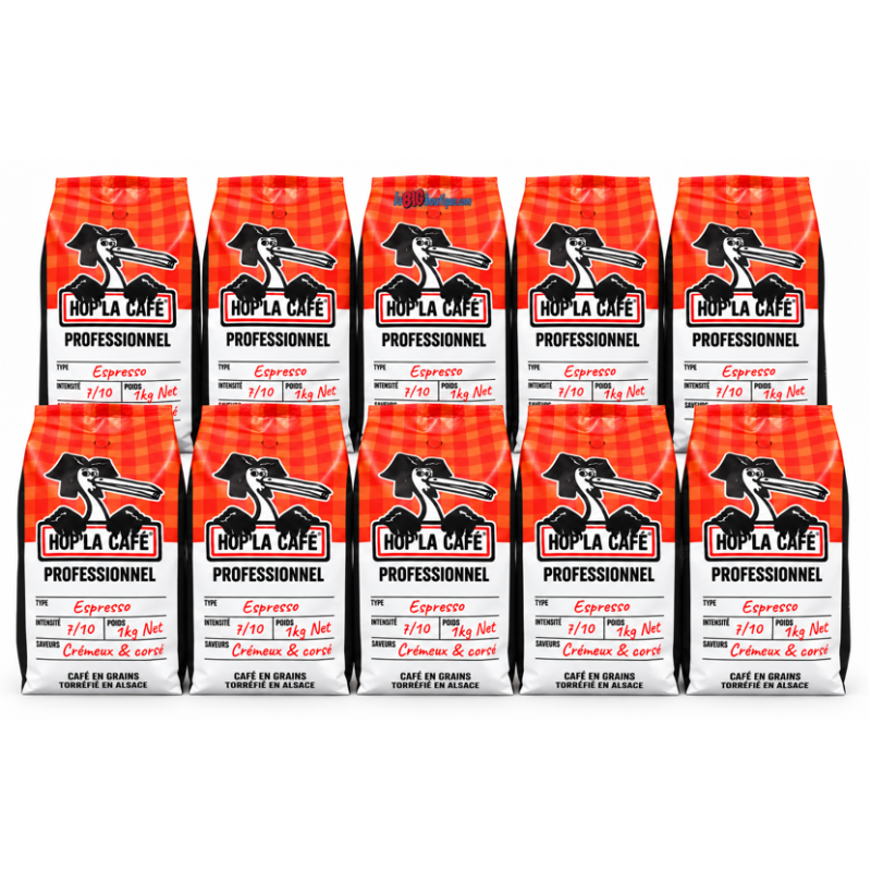 CAFE EN GRAINS HOP'LA CAFÉ 100% ARABICA SPECIAL BAR 10 x 1KG, DOUX & EQUILIBRÉ, Torréfié en Alsace