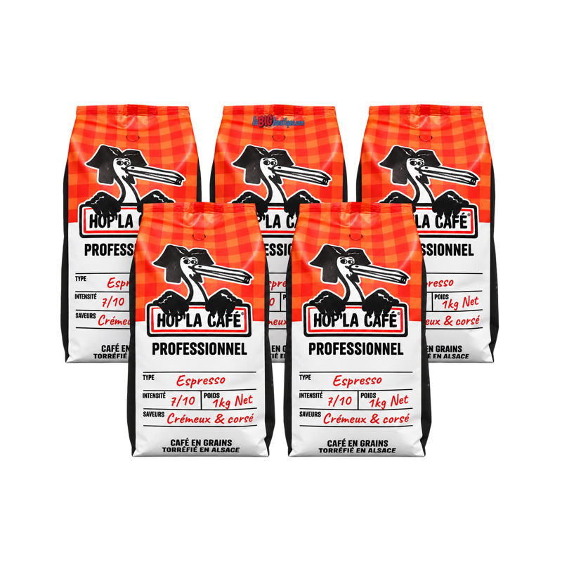 CAFE EN GRAINS HOP'LA CAFÉ 100% ARABICA SPECIAL BAR 5 x 1KG, DOUX & EQUILIBRÉ, Torréfié en Alsace