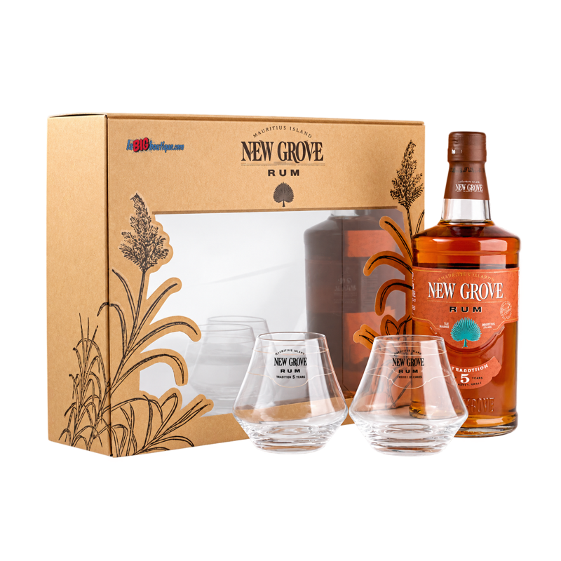 COFFRET RHUM NEW GROVE 5 ANS D'AGE 70cl 40°, AVEC 2 VERRES