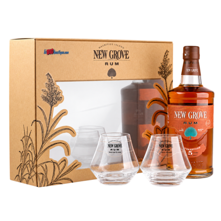 COFFRET RHUM NEW GROVE 5 ANS D'AGE 70cl 40°, AVEC 2 VERRES